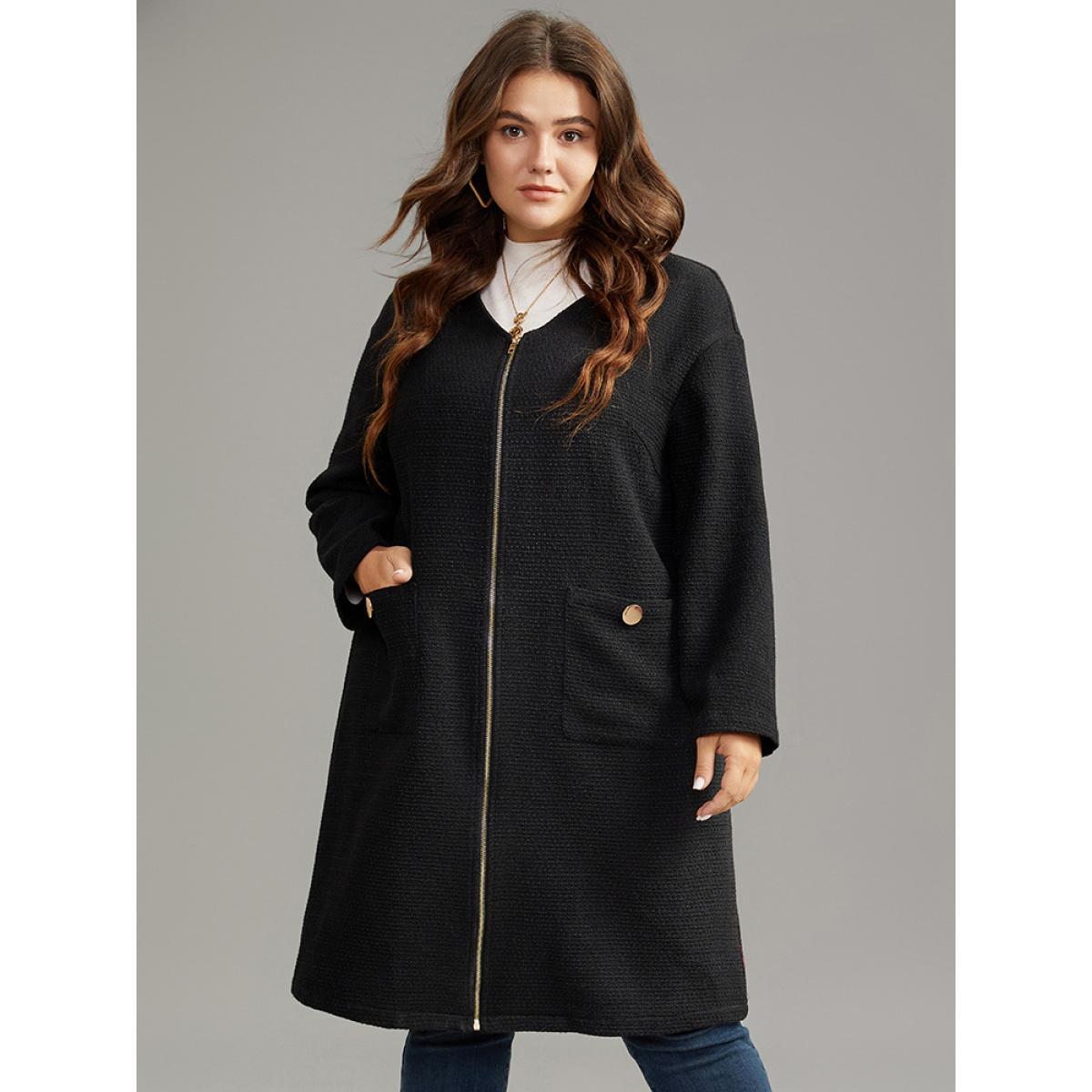 Plus Size Solid Tweed Pocket Metai Detail Zipper Coat Women Black Casual Plain Ladies Dailywear Winter Coats BloomChic 12/L Product Image