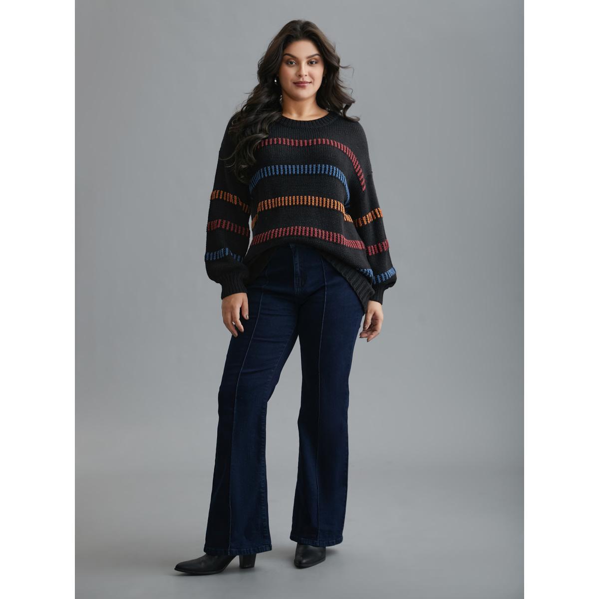 Plus Size Multi-Color Stripes Textured Crew Neck Pullover Black Women Casual Loose Long Sleeve Round Neck Everyday Pullovers BloomChic 18-20/2X Product Image