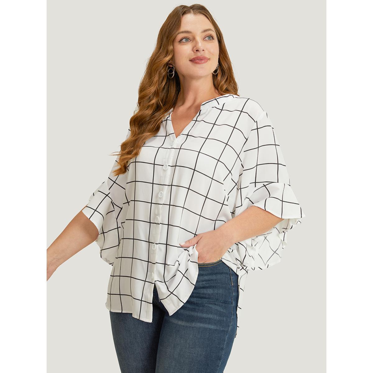 Plus Size White Plaid Notched Button Up Ruffle Sleeve Split Hem Blouse Women Office Elbow-length sleeve Notched collar Work Blouses BloomChic 14-16/1X Product Image