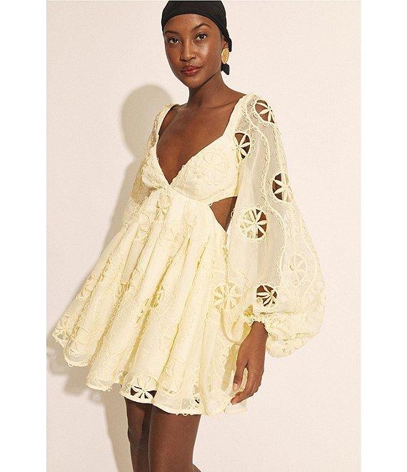Bardot Jovie Embroidered V Neck Long Sleeve Cutout Babydoll A-Line Mini Dress Product Image