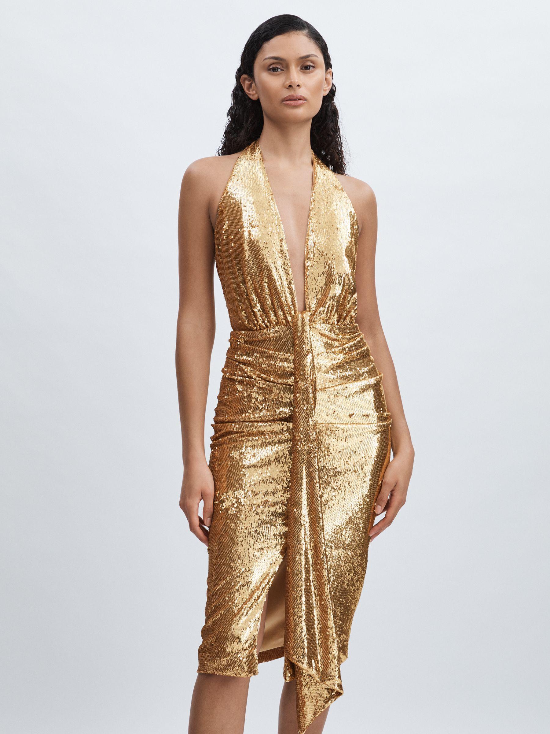 Halston Gold Sequin Halterneck Plunge Dress in Gold Product Image