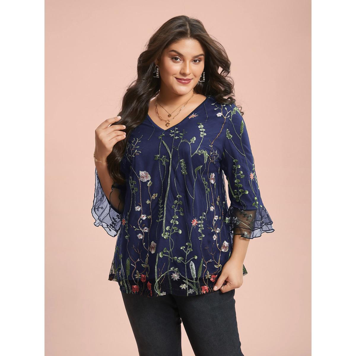 Plus Size Indigo Embroidered Mesh Lotus Leaf Sleeve Blouse Women Elegant Elbow-length sleeve V-neck Everyday Blouses BloomChic 14-16/1X Product Image