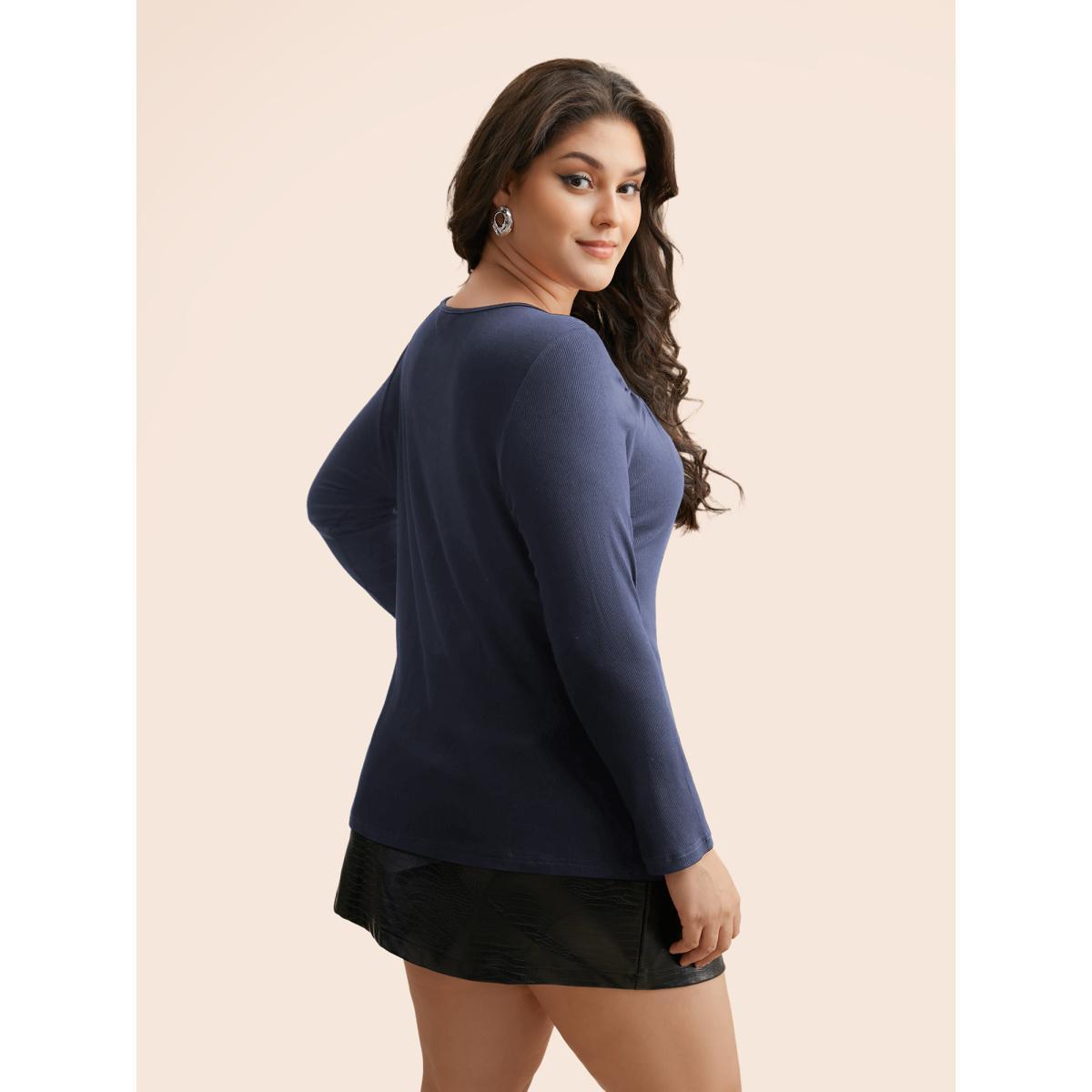 Plus Size Rib Knit Asymmetrical Neck Cut Out T-shirt Indigo Women Elegant Texture Asymmetrical Neck Skinny Everyday T-shirts BloomChic 26/4X Product Image