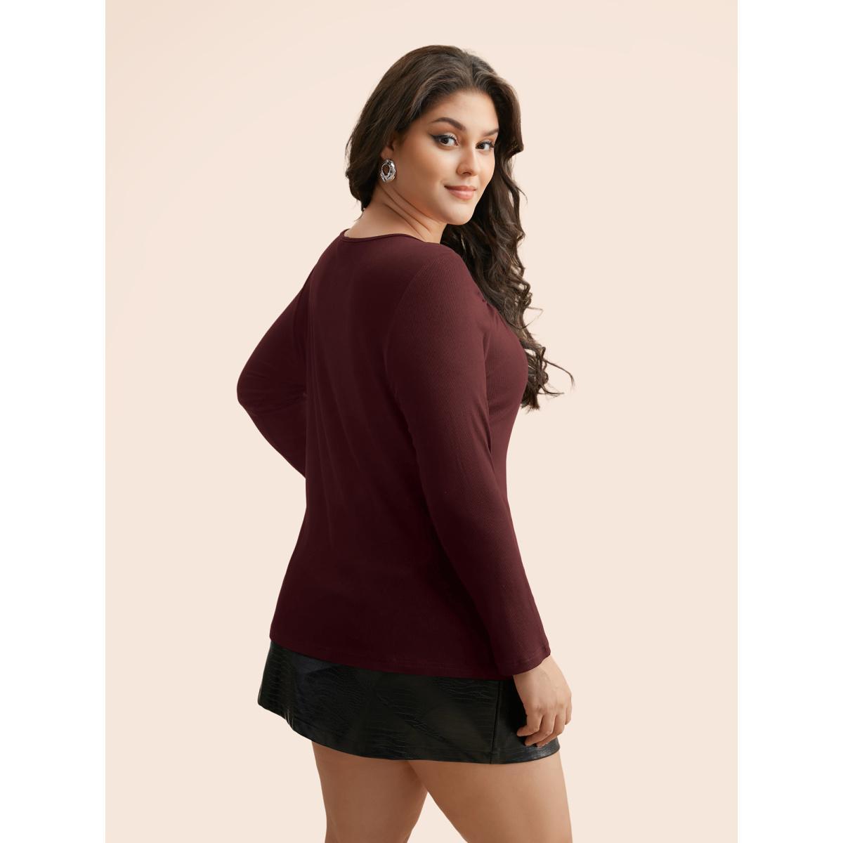 Plus Size Rib Knit Asymmetrical Neck Cut Out T-shirt Burgundy Women Elegant Texture Asymmetrical Neck Skinny Everyday T-shirts BloomChic 22-24/3X Product Image