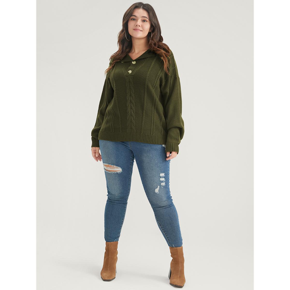 Plus Size Solid Pointelle Knit Button Lapel Collar Cable Knit Top DarkGreen Women Elegant Long Sleeve Lapel Collar Dailywear Pullovers BloomChic 22-24/3X Product Image