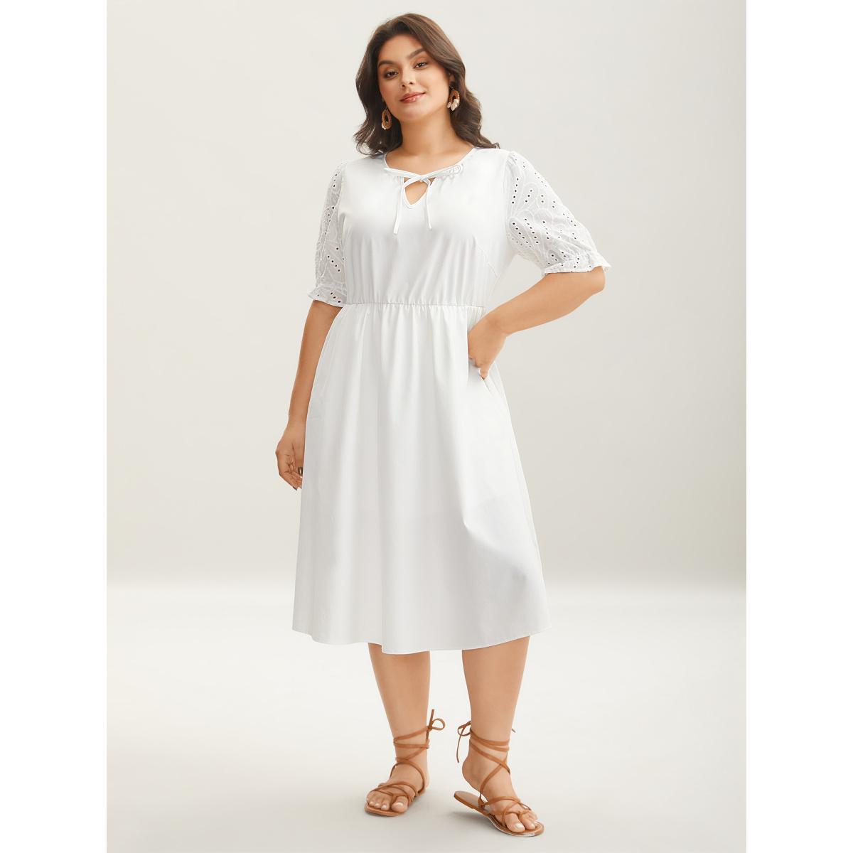 Plus Size Textured Eyelet Sleeve Pockets Midi Dress WhiteSmoke Women Flat collar with V-notch Half Sleeve Curvy BloomChic 28/5X Product Image