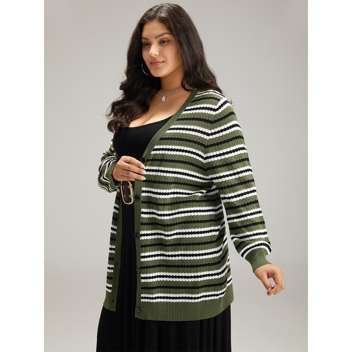 Plus Size Striped Contrast Elastic Cuffs Button Through Cardigan Multicolor Women Glamour Loose Long Sleeve Dailywear Cardigans BloomChic 26/4X Product Image