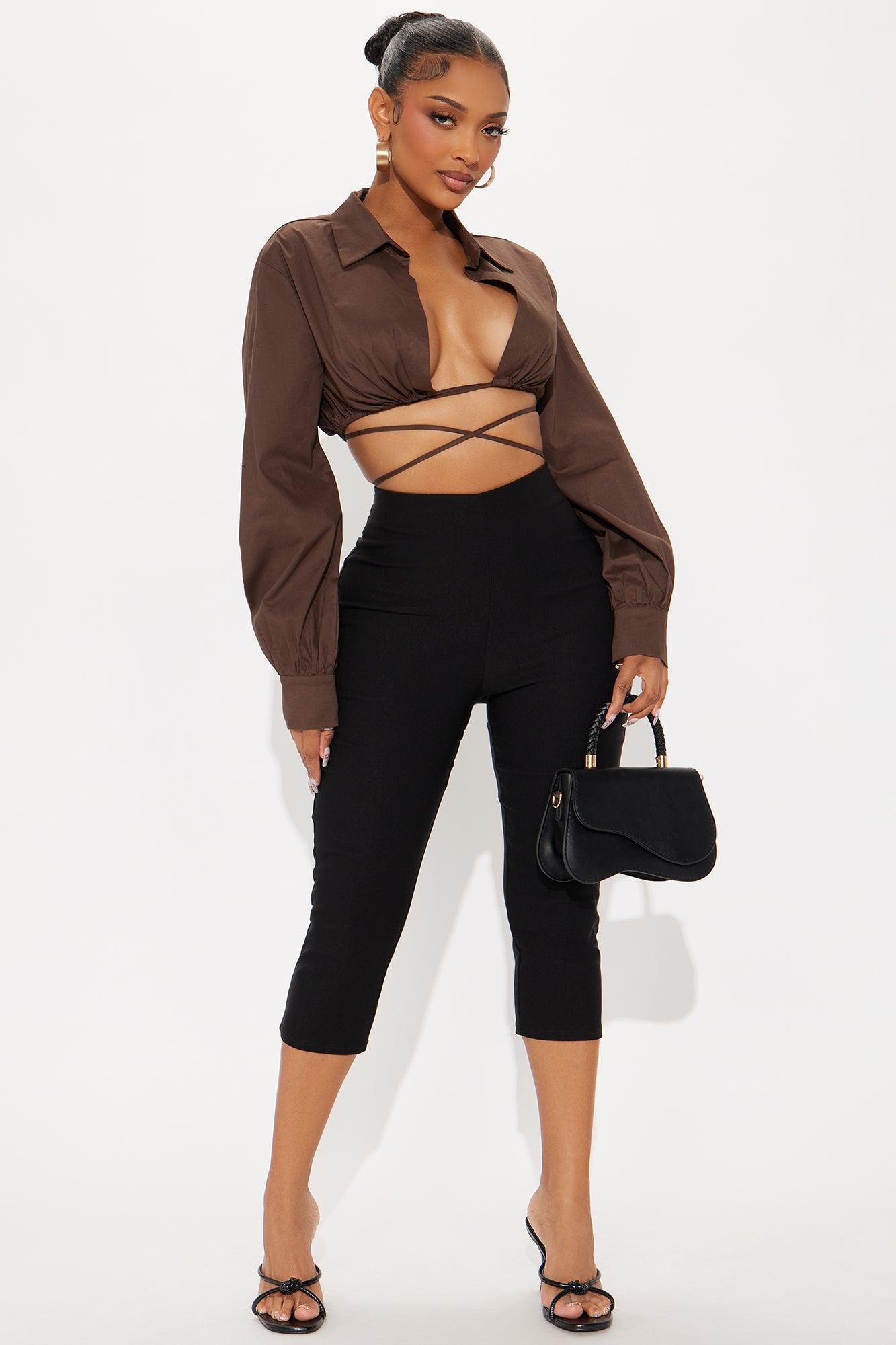 On Vacation Strappy Waist Poplin Top - Chocolate Female Product Image