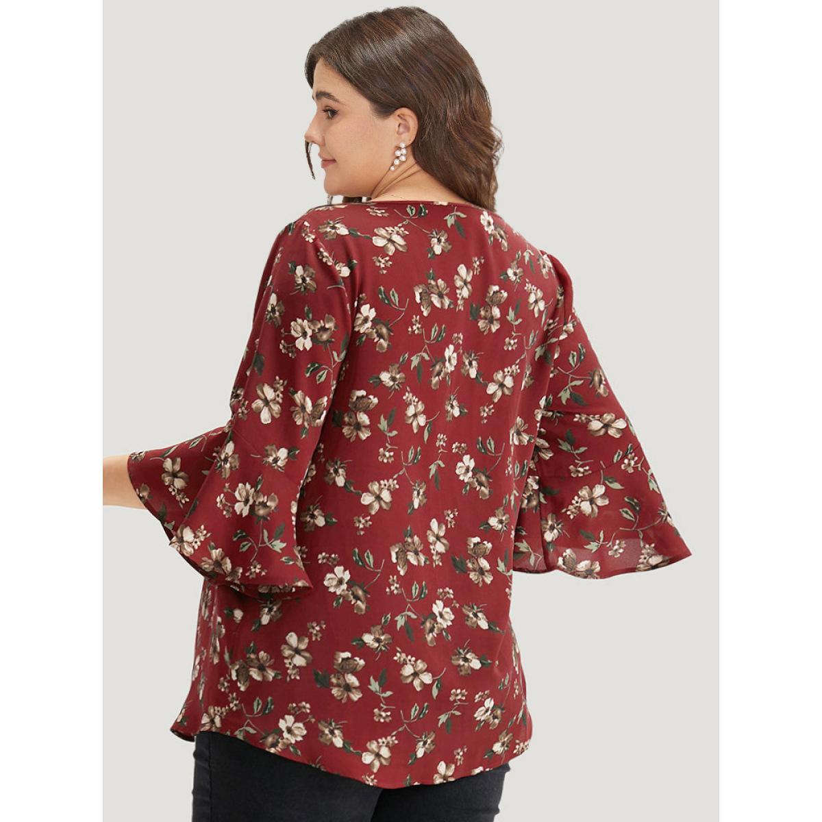 Plus Size Scarlet Floral Print Bell Sleeve Crew Neck Blouse Women Elegant Half Sleeve Round Neck Dailywear Blouses BloomChic 12/L Product Image