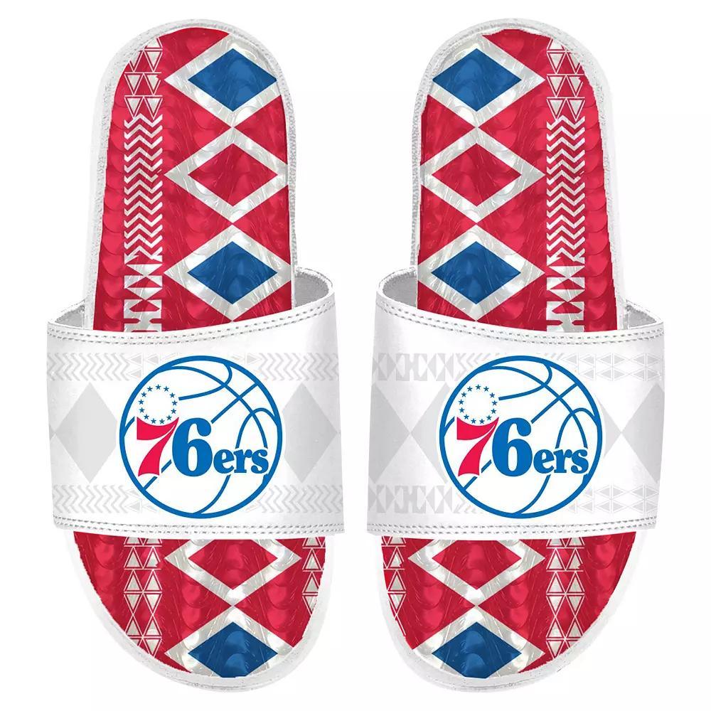 Men's ISlide White Philadelphia 76ers Shooting Touch Rwanda Pattern Gel Slide Sandals, Size: 9, 76r White Product Image