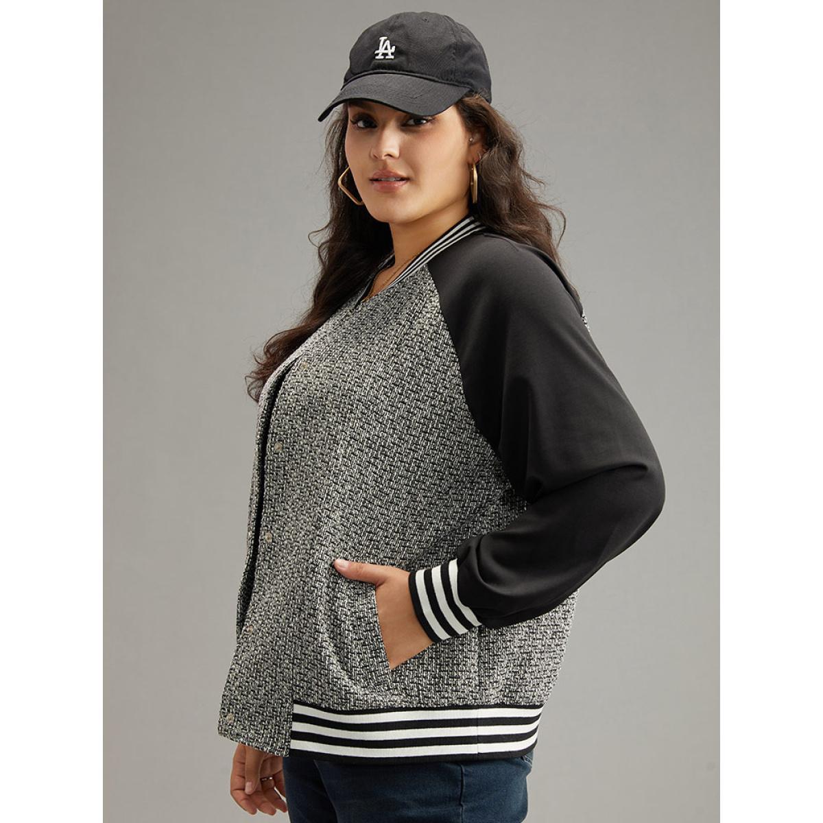 Plus Size Texture Patchwork Contrast Striped Button Up Jacket Women Black Elastic cuffs Pocket Everyday Jackets BloomChic 30/6X Product Image