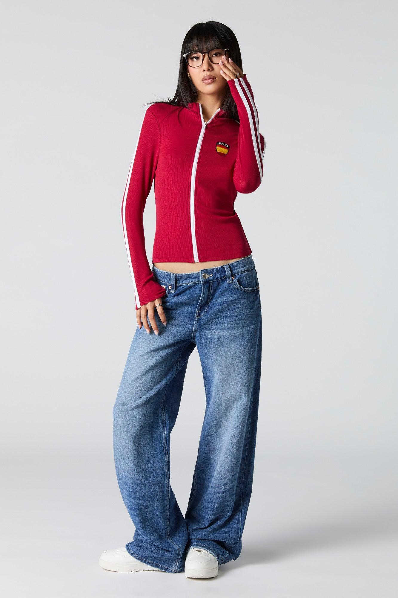 Embroidered Ribbed Zip-Up Sporty Top Female Product Image
