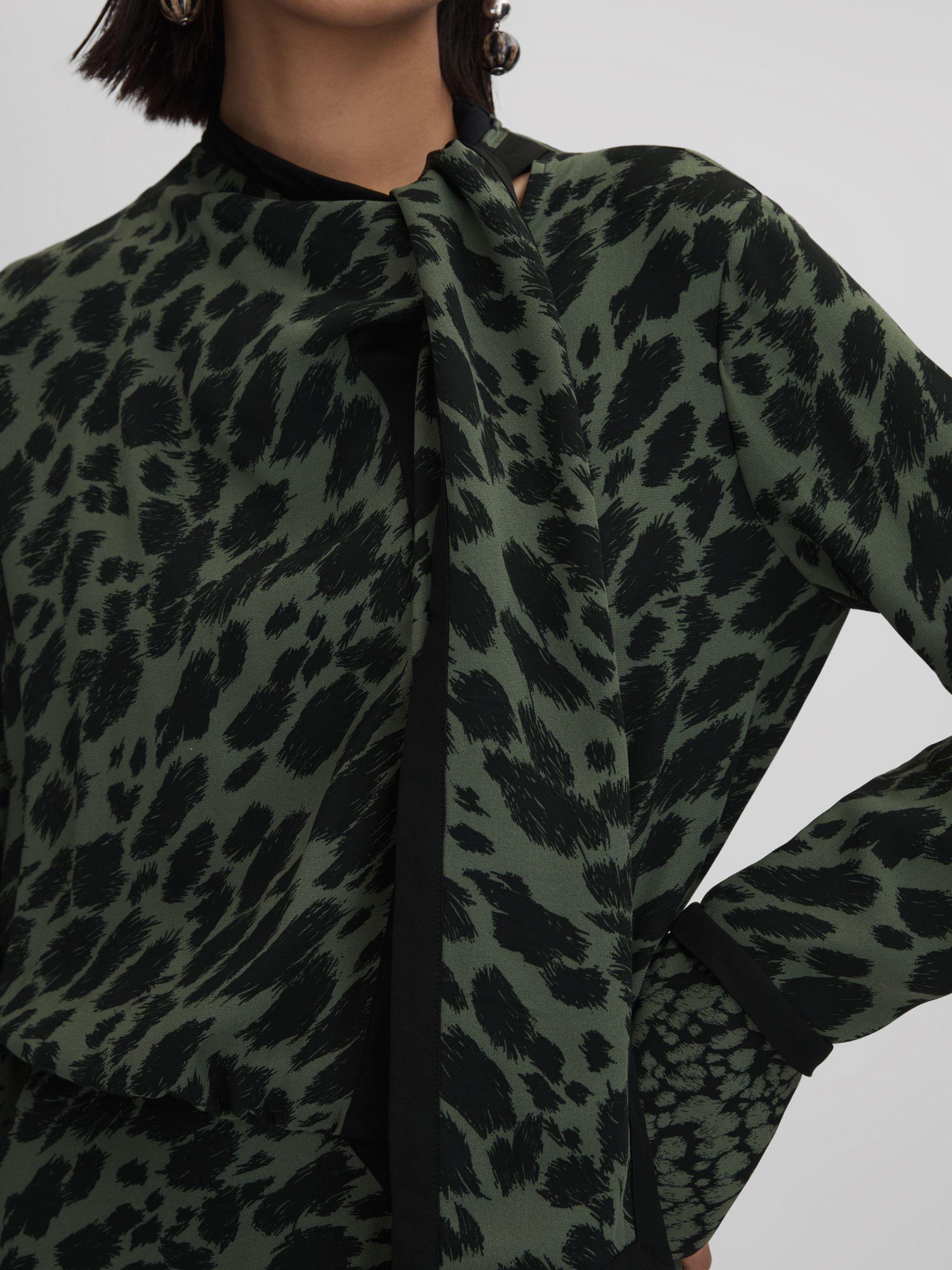 Printed Tie Neck Mini Dress in Black/Dark Khaki Product Image