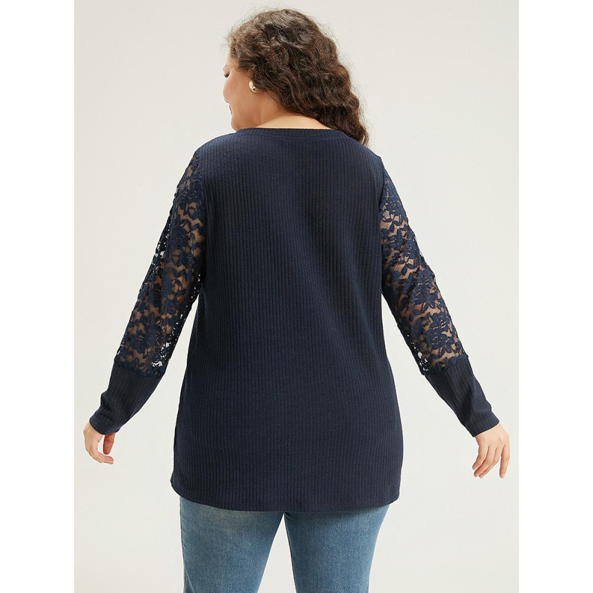 Plus Size Crochet Lace Mesh Crew Neck Sweatshirt Indigo Women Elegant Plain Plain Round Neck Dailywear T-shirts BloomChic 26/4X Product Image