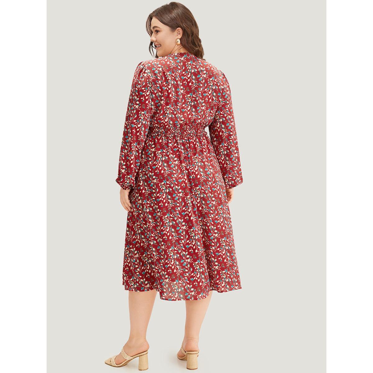 Plus Size Ditsy Floral Pocket Shirred Notched Dress Crimson Women Elegant Elastic cuffs Notched collar Long Sleeve Curvy Midi Dress BloomChic 22-24/3X Product Image