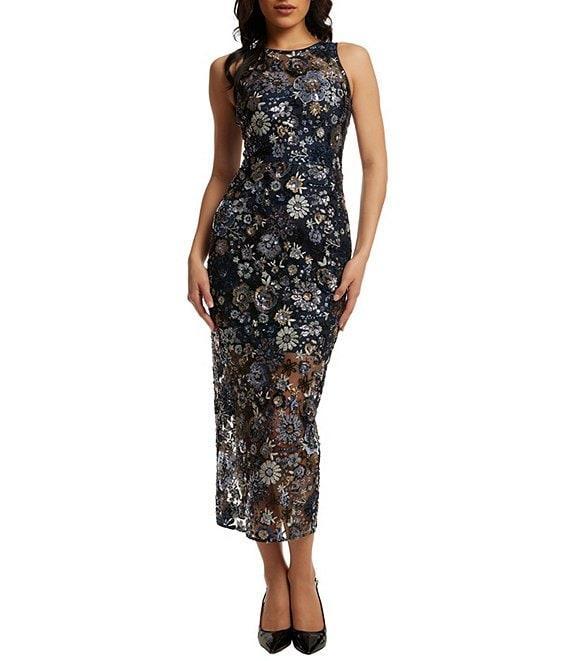 Dress the Population Helena Sequin Floral Round Neck Sleeveless Bodycon Midi Dress Product Image