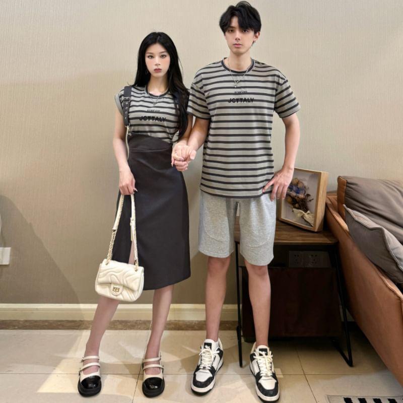 Couple Matching Cap-Sleeve Round Neck Mock Two-Piece Striped Ruched Slit Midi Sheath Dress / Short-Sleeve Tee / Plain Wide Leg Shorts (Various Designs) Product Image