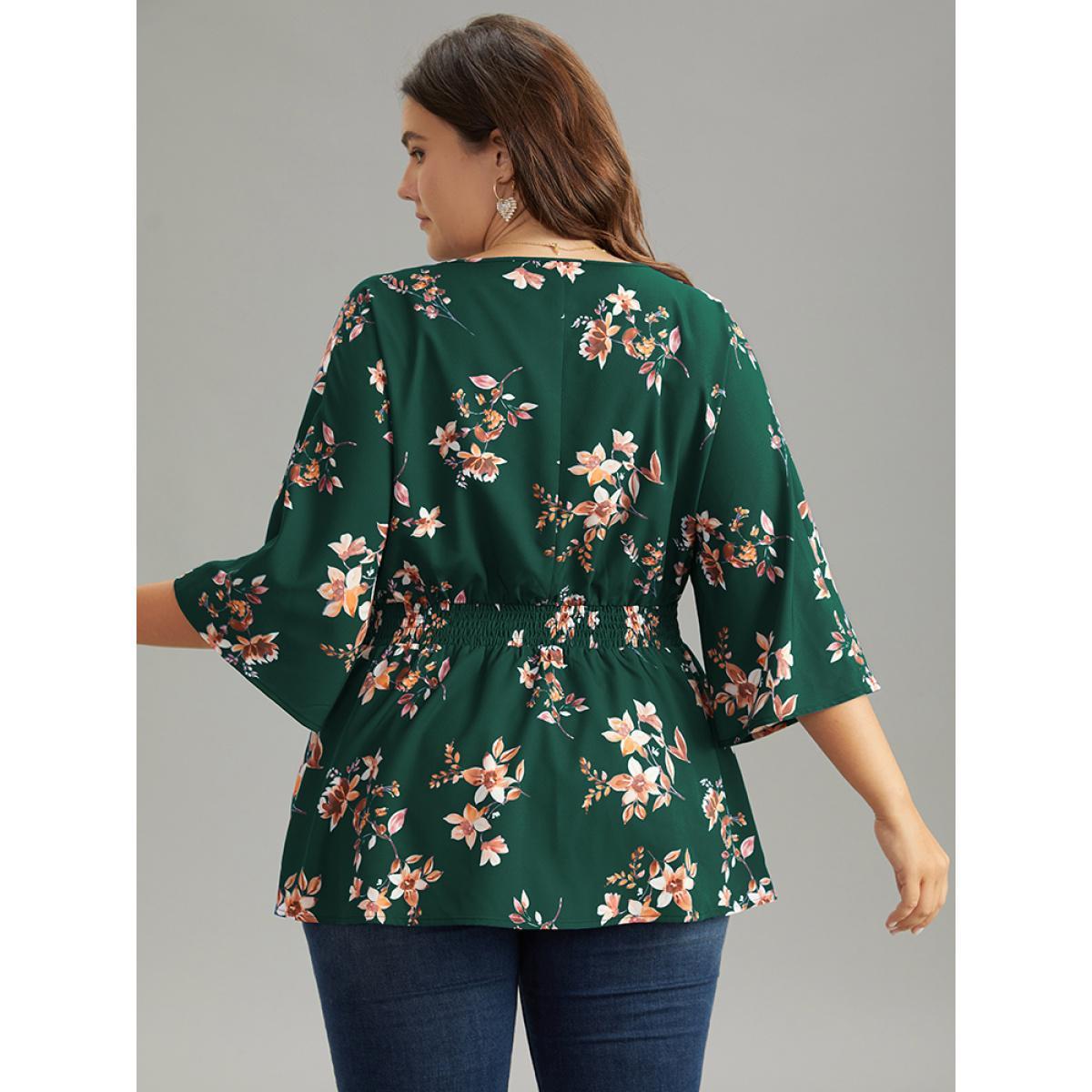 Plus Size DarkGreen Floral Print Shirred Plicated Detail Blouse Women Elegant Elbow-length sleeve V-neck Dailywear Blouses BloomChic 10/M Product Image