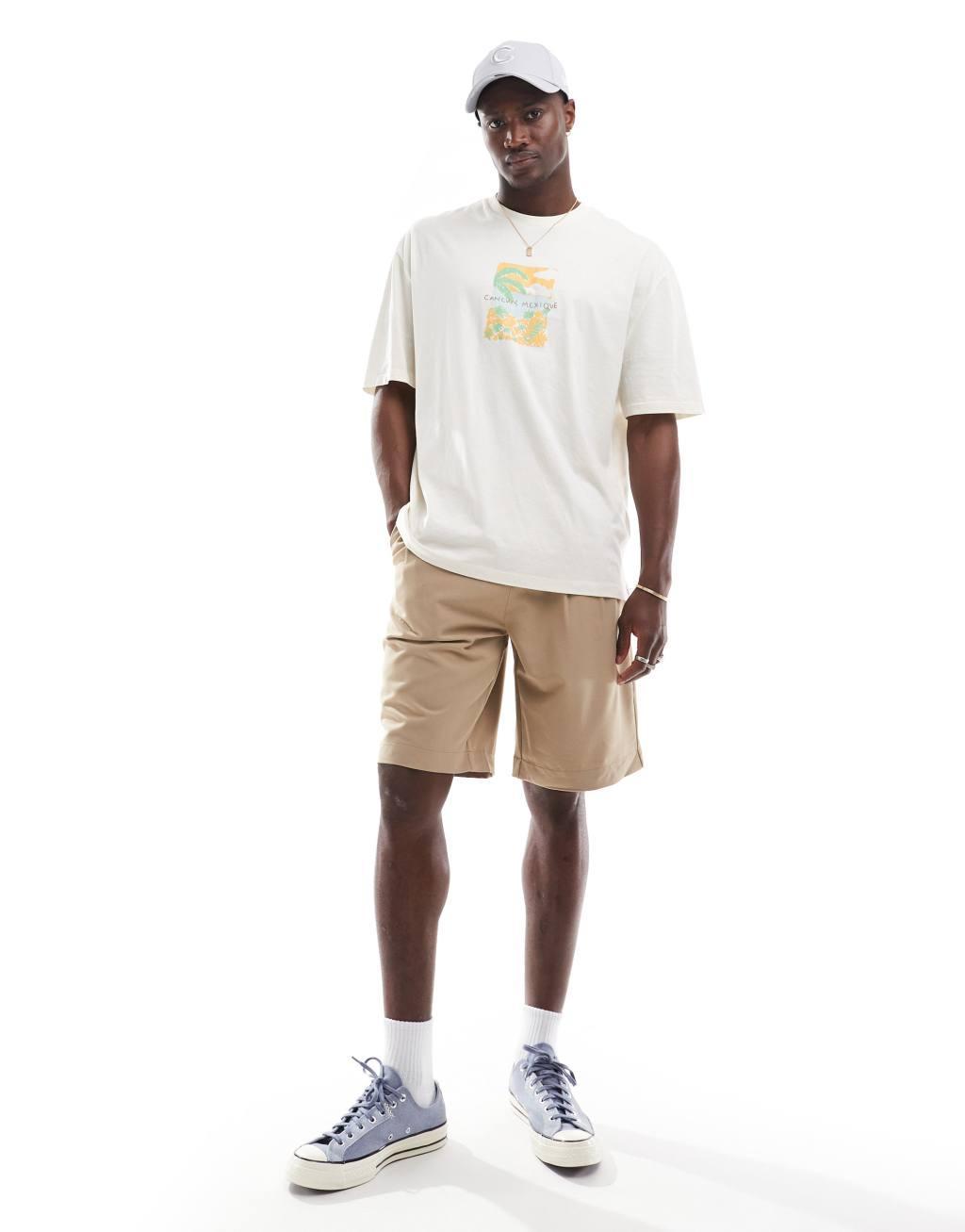 ONLY & SONS loose fit pleated tailored shorts in beige Product Image