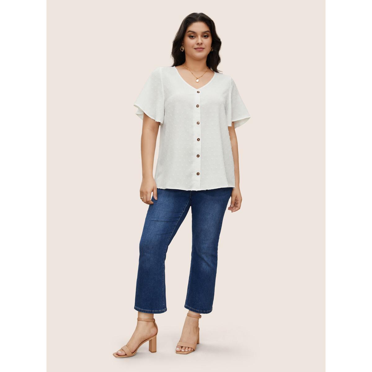 Button Front Plus Size Women Dailywear Plain Casual Blouses Loose Ruffle Sleeve Short Sleeve V Neck Going Out Blouses BloomChic Product Image