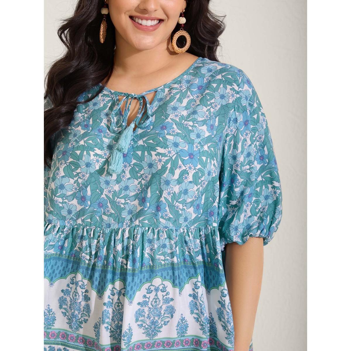 Plus Size Turquoise Boho Floral Print Color Contrast Blouse Women Elbow-length sleeve V-neck Vacation Blouses BloomChic 28/5X Product Image