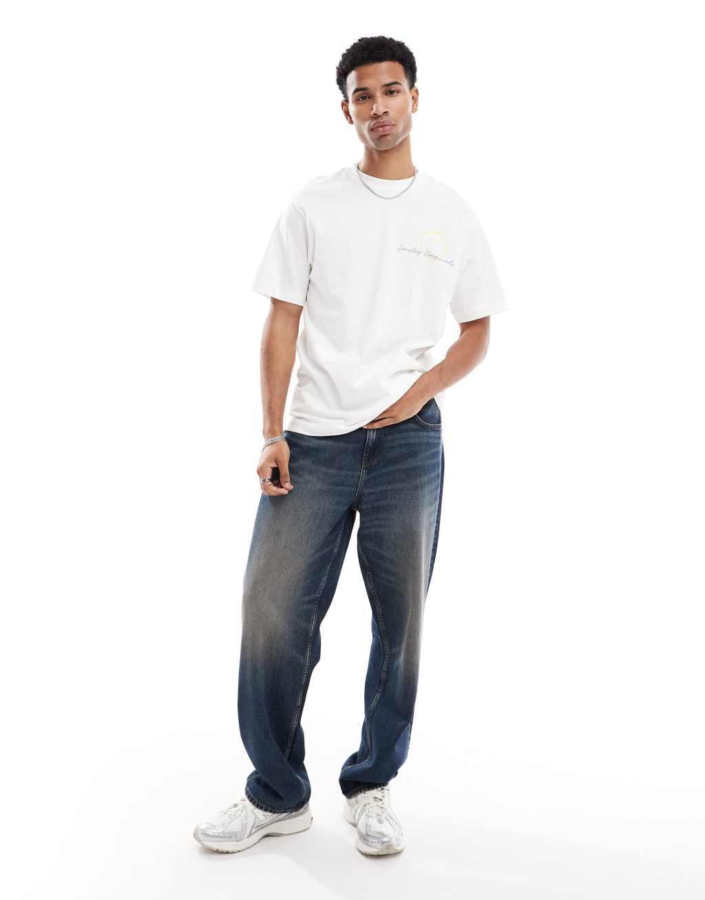ONLY & SONS relaxed T-shirt with smile print in white Product Image