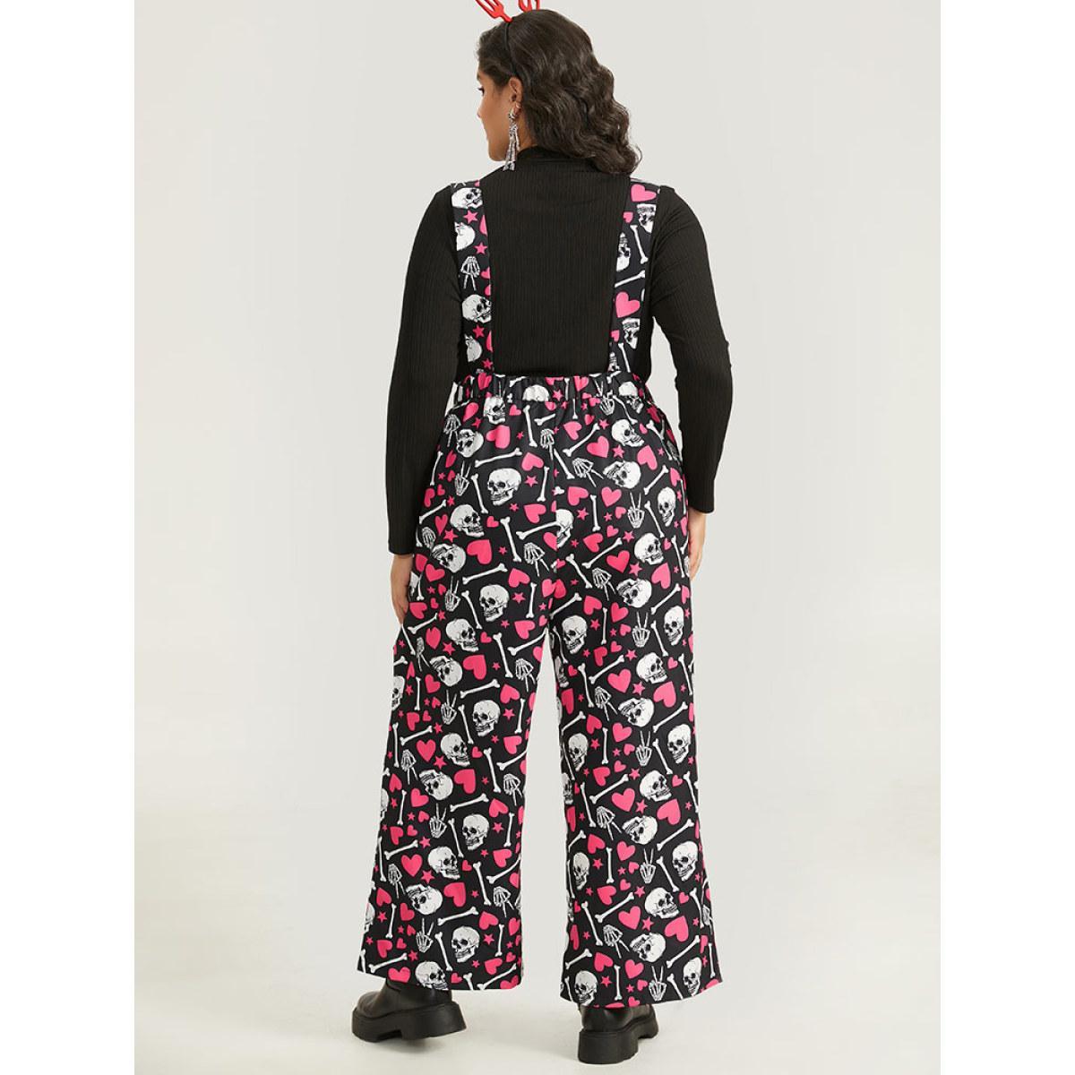 Plus Size Black Halloween Skull &Heart Print Pocket Gathered Jumpsuit Women Casual Sleeveless Spaghetti Strap Festival-Halloween Loose Jumpsuits BloomChic 10/M Product Image