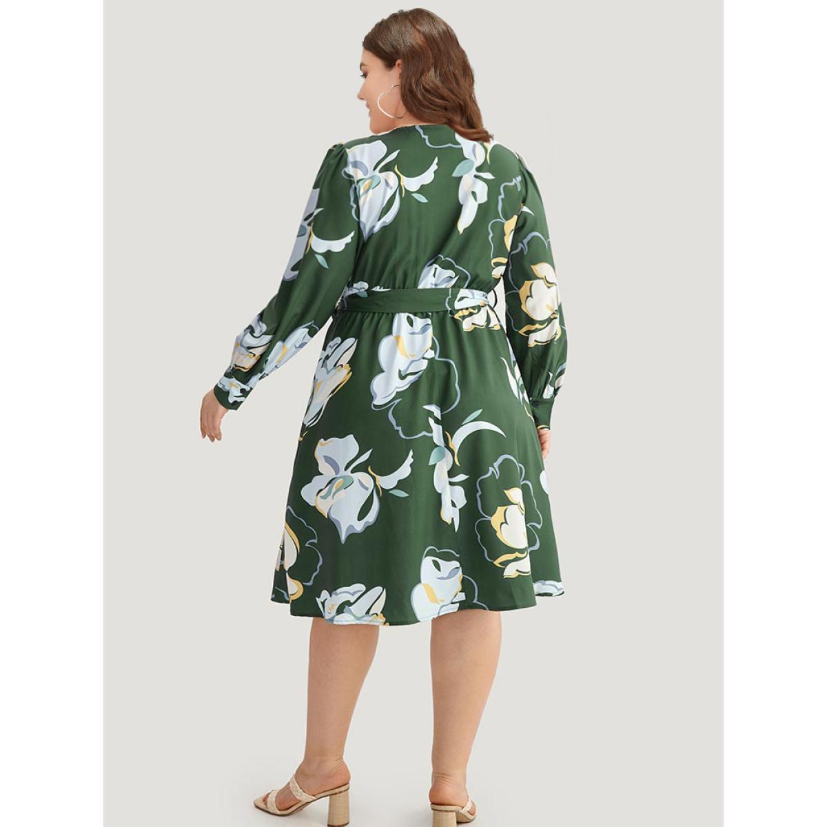Plus Size Floral Print Belted Long Sleeve Dress DarkGreen Women Vacation Belted V-neck Long Sleeve Curvy Midi Dress BloomChic 26/4X Product Image