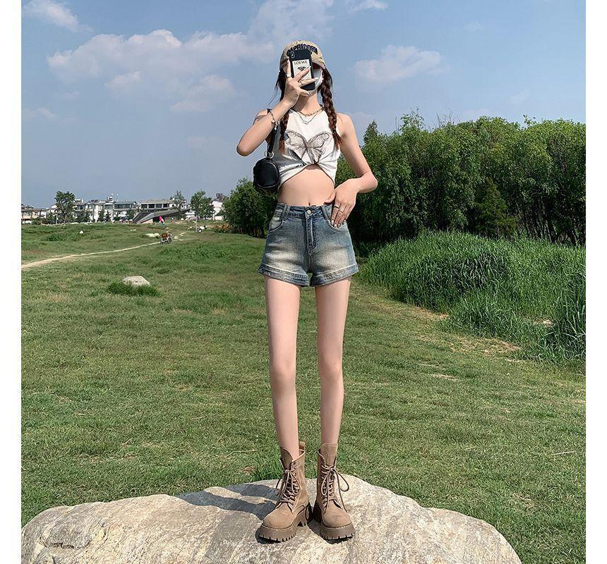 High Waist Washed Denim Shorts Product Image