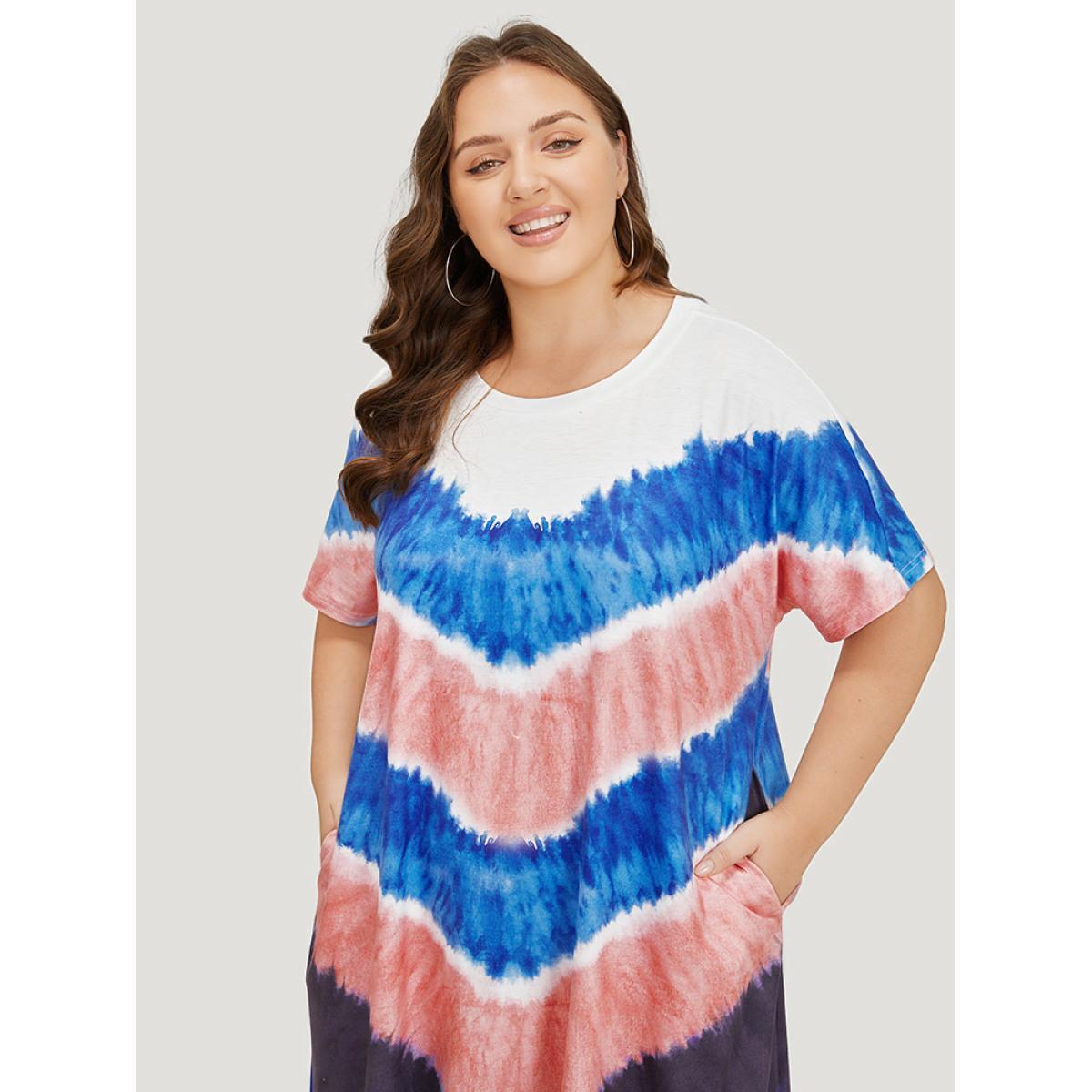Plus Size Geometric Contrast Pocket Tie Dye Midi Dress Multicolor Women Casual Printed Round Neck Short sleeve Curvy Midi Dress BloomChic 18-20/2X Product Image