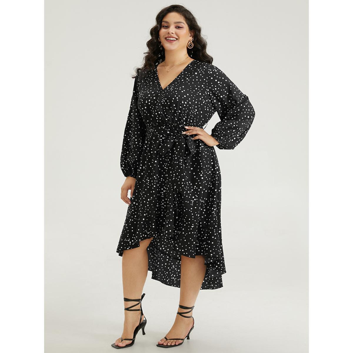 Plus Size Polka Dot Wrap Ruffle Trim High Low Hem Dress Black Women Elegant Elastic cuffs V-neck Long Sleeve Curvy Knee Dress BloomChic 28/5X Product Image