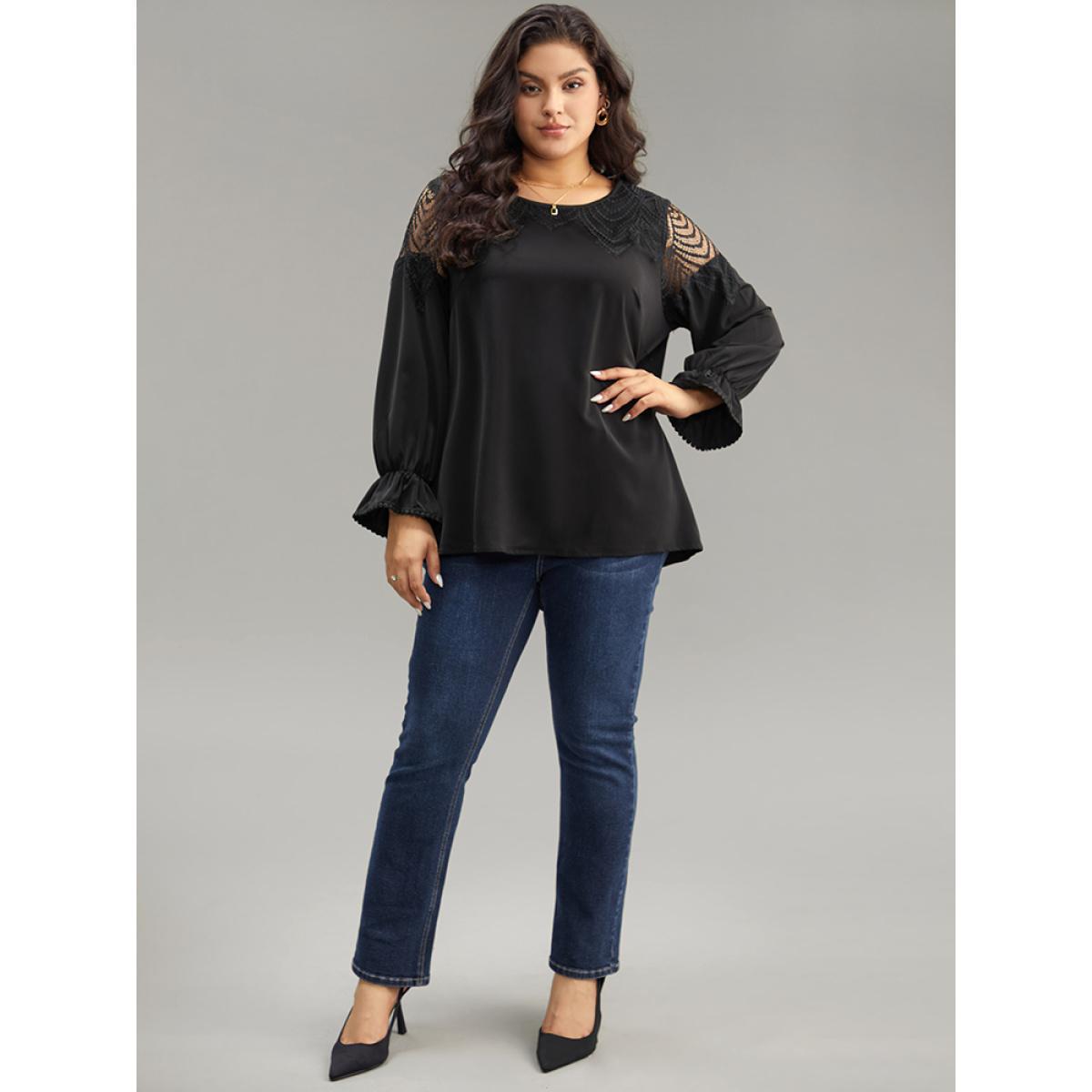 Plus Size Black Anti-Wrinkle Solid Lace Panel Lantern Sleeve Blouse Women Elegant Long Sleeve Round Neck Dailywear Blouses BloomChic 12/L Product Image