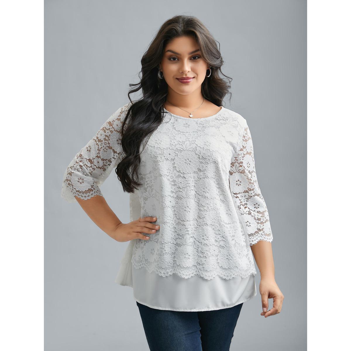 Plus Size Opticwhite Layered Crochet Lace Semi-Sheer Blouse Women Elegant Elbow-length sleeve Round Neck Everyday Blouses BloomChic 18-20/2X Product Image