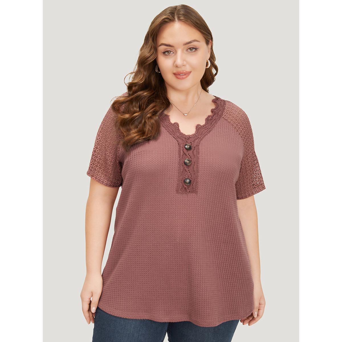 Plus Size Plain Contrast Lace Raglan Sleeve Button Detail T-shirt DustyPink Women Elegant Lace Plain V-neck Dailywear T-shirts BloomChic 22-24/3X Product Image