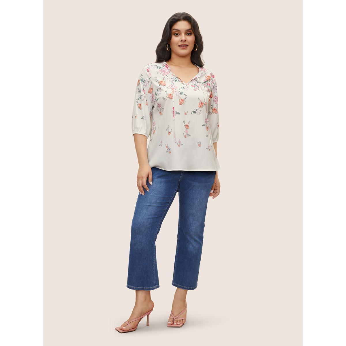 Plus Size White Boho Print Tie Neck Frill Trim Blouse Women Elegant Elbow-length sleeve Notched collar Everyday Blouses BloomChic 10/M Product Image