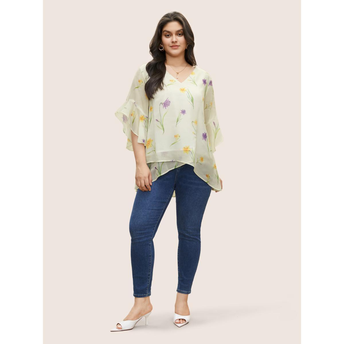 Plus Size Ivory Floral Tiered Mesh Asymmetrical Hem Blouse Women Elegant Everyday Blouses BloomChic 14-16/1X Product Image