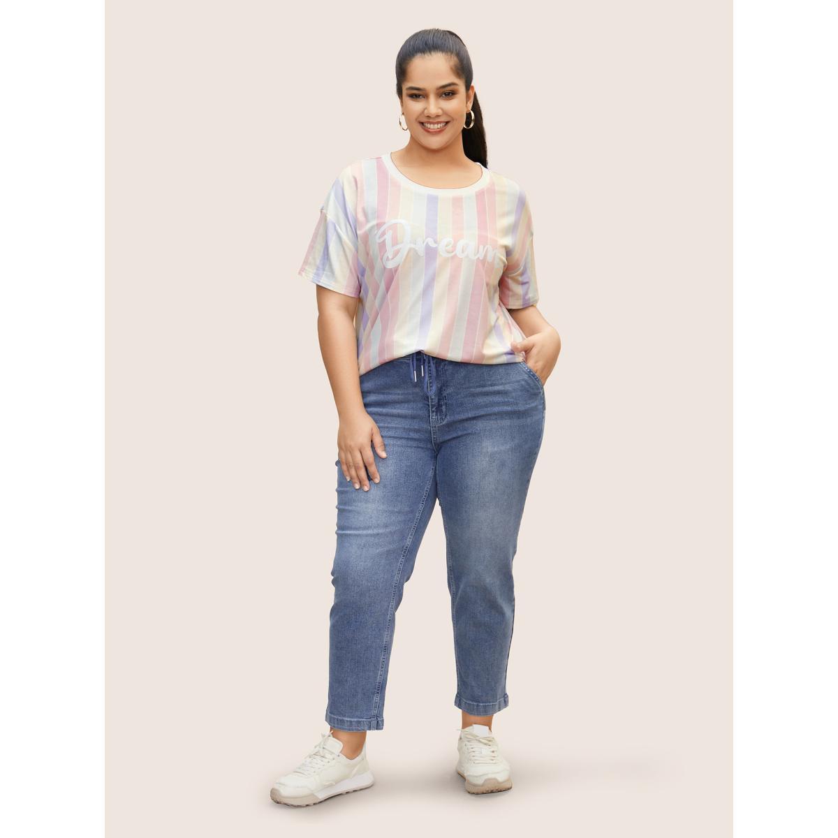 Plus Size Round Neck Colored Striped Letter Print T-shirt Multicolor Women Elegant Contrast Art&design Round Neck Everyday T-shirts BloomChic 28/5X Product Image
