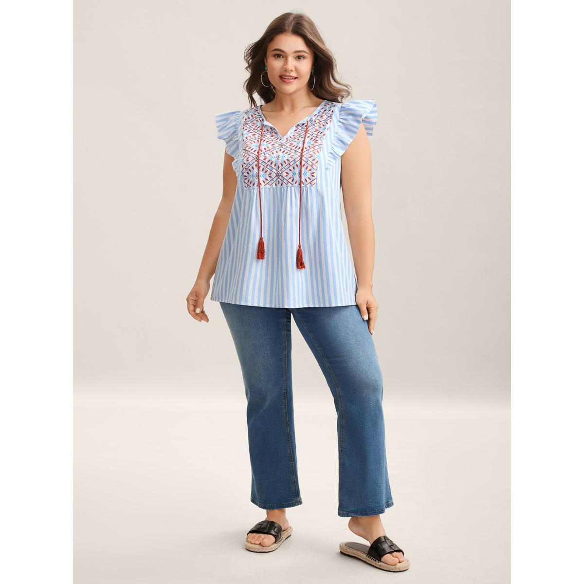 Plus Size Skyblue Embroidered Stripe Neck Tie Blouse Women Cap Sleeve Notched collar Vacation Blouses BloomChic 28/5X Product Image