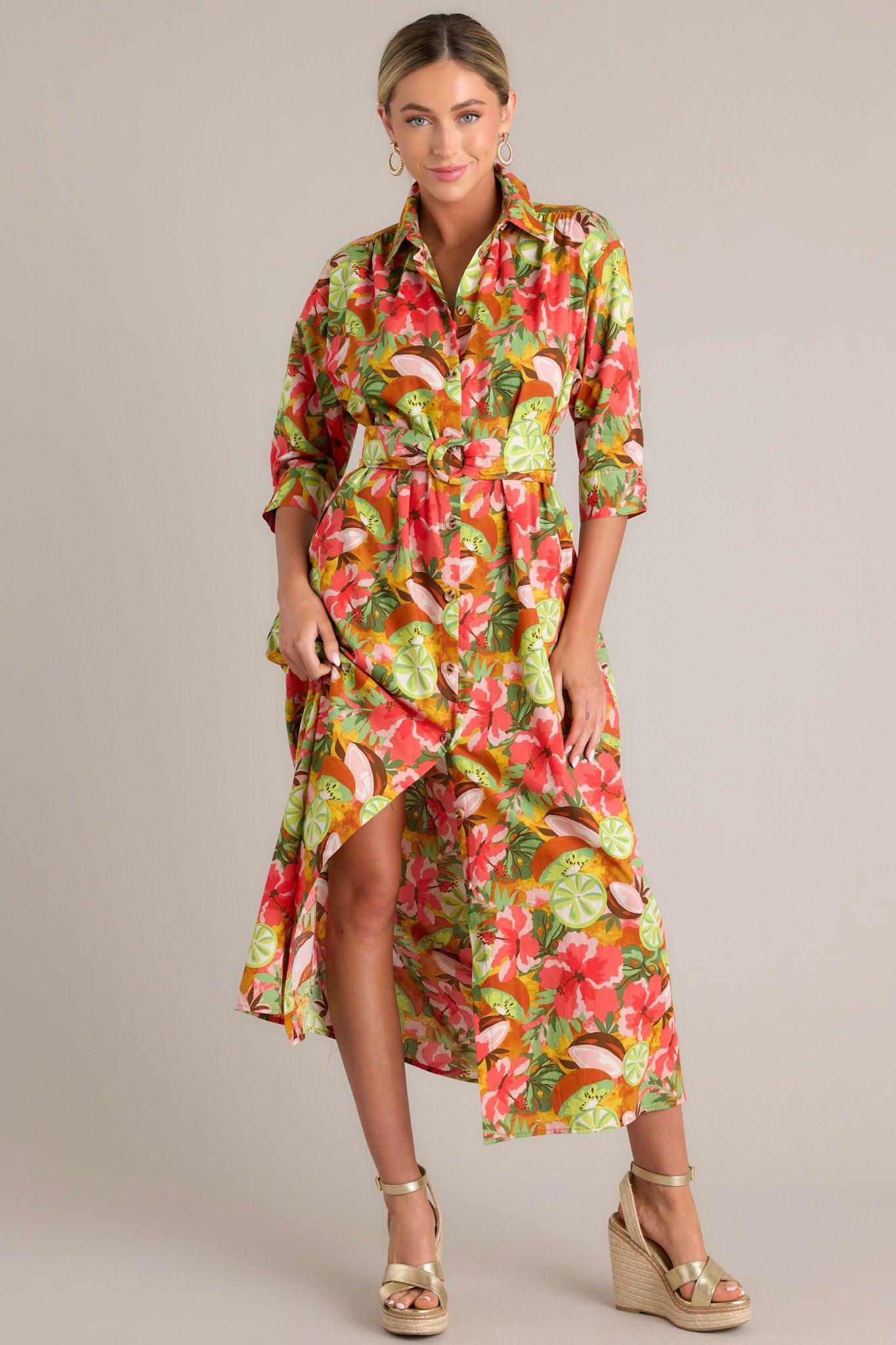 Palm Oasis Dark Coral Tropical Print Midi Dress Product Image