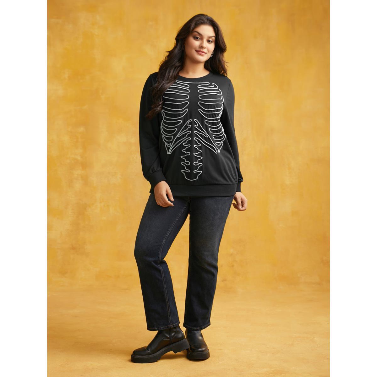 Plus Size Skeleton Embroidered Crew Neck Sweatshirt Women Multicolor Casual Patchwork Loose Round Neck Everyday Sweatshirts BloomChic 12/L Product Image