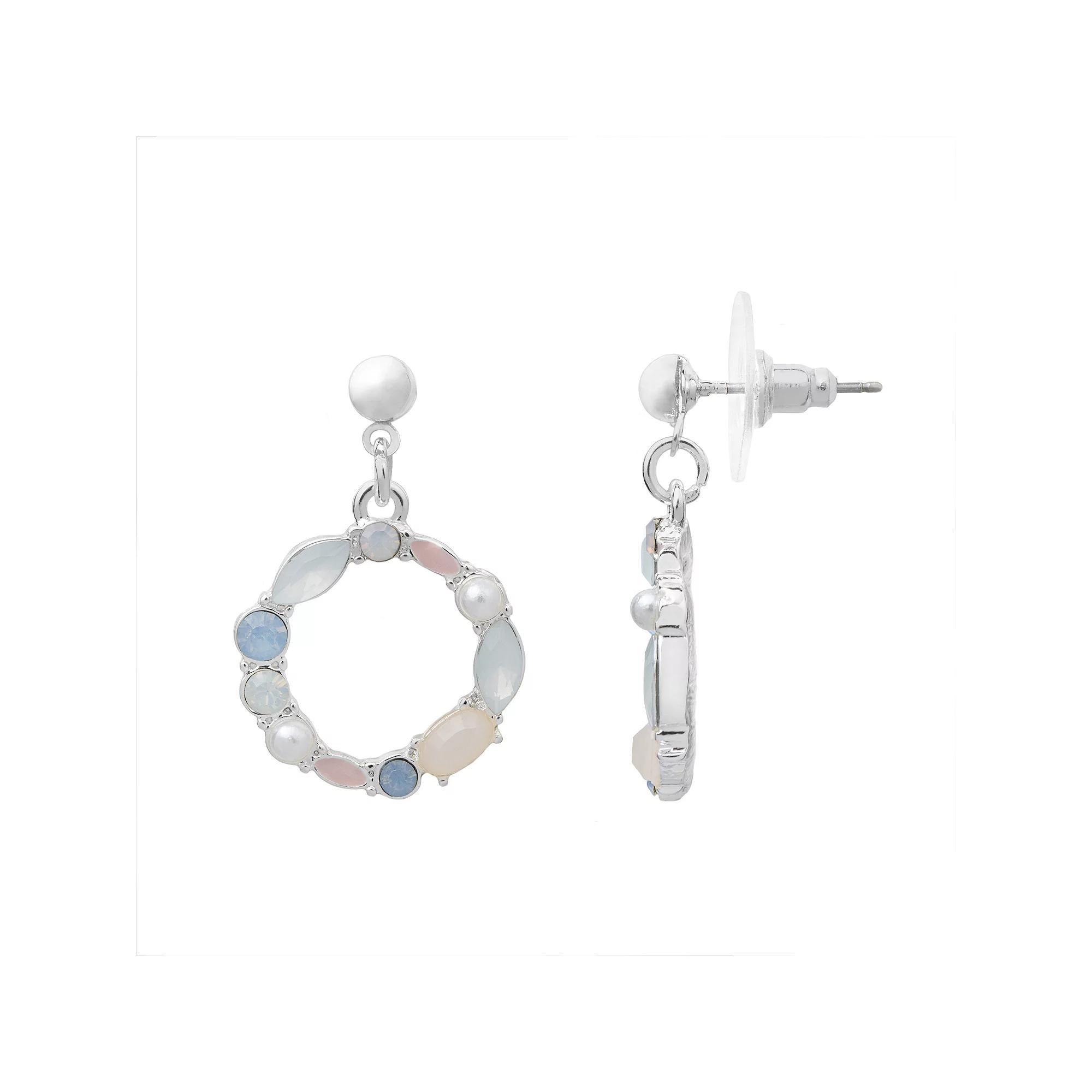 LC Lauren Conrad Silver Tone Simulated Crystal & Simulated Pearl Hoop Drop Earrings, Women's Product Image