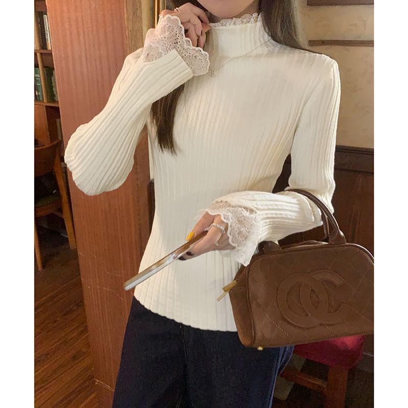 Mock Neck Plain Lace Trim Ribbed Sweater Product Image