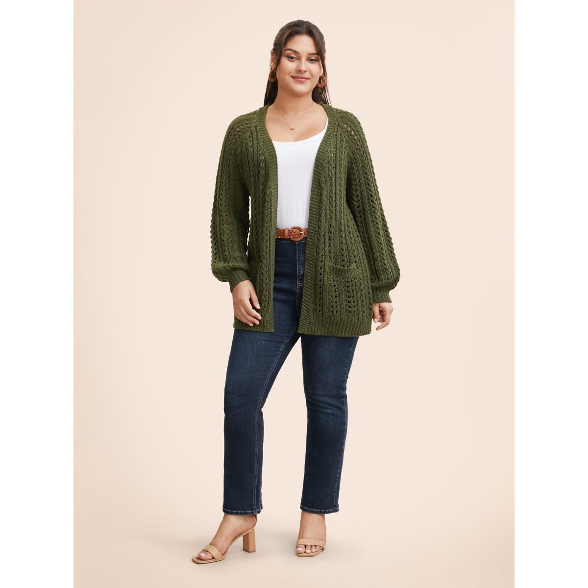 Plus Size Solid Cable Knit Raglan Sleeve Cardigan Olive Women Casual Loose Long Sleeve Everyday Cardigans BloomChic 26/4X Product Image