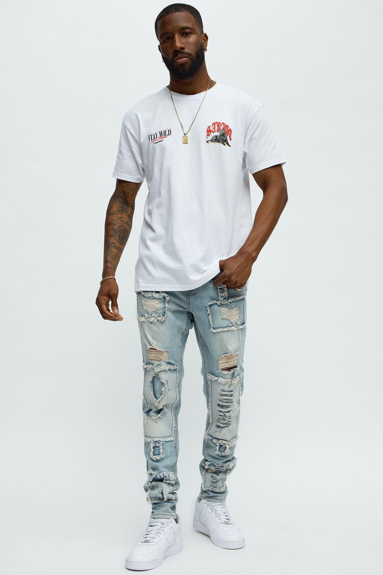 Shredded Patchwork Skinny Jeans - Light Wash Product Image