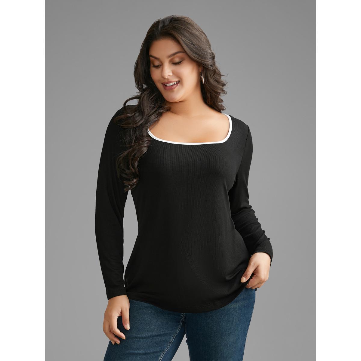 Plus Size Square Neck Contrast Trim T-shirt Black Women Casual Texture Square Neck Bodycon Everyday T-shirts BloomChic 14-16/1X Product Image
