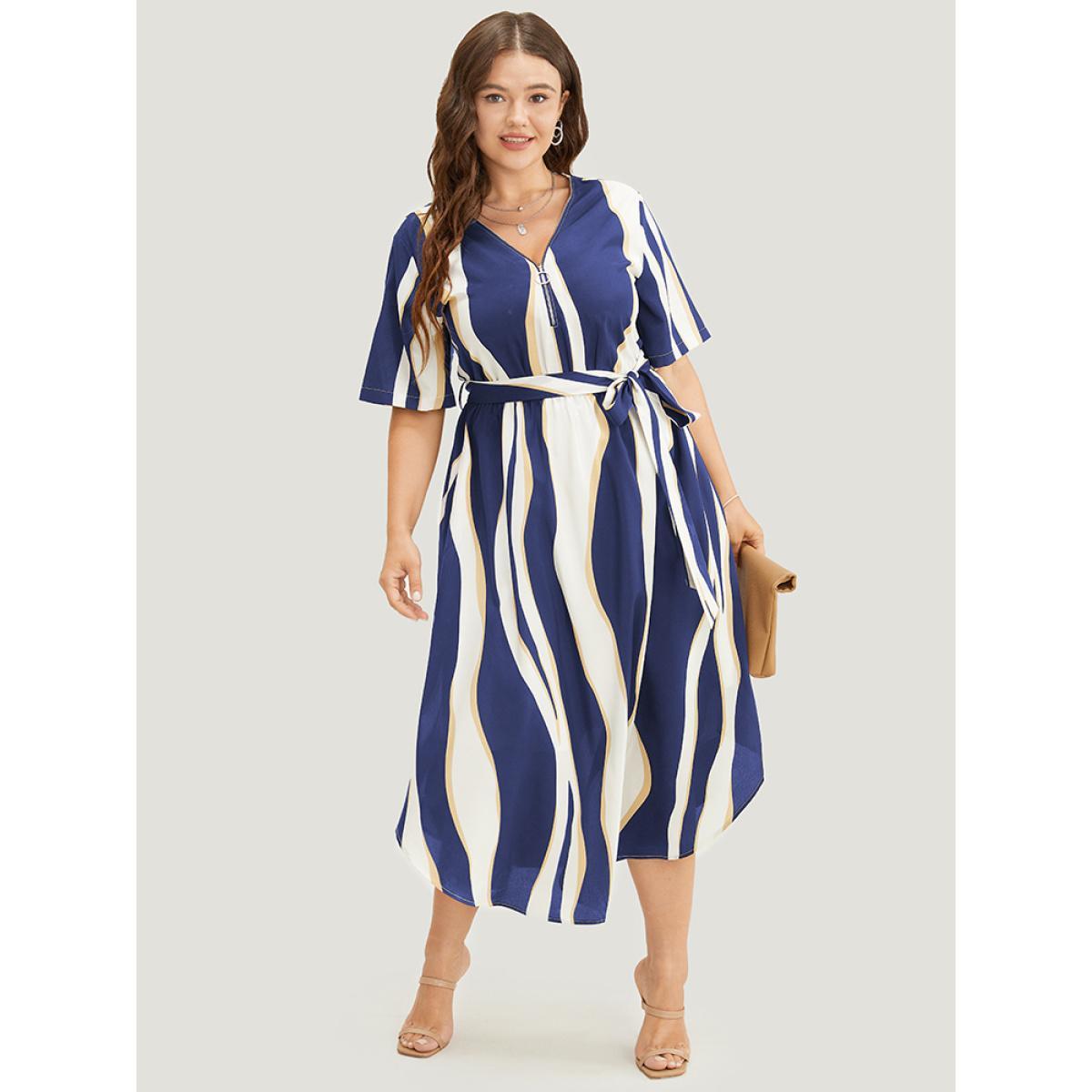 Plus Size Geometric Contrast Pocket Ruffle Belt Half Zipper Arc Hem Dress Navy Women Office Lined V-neck Short sleeve Curvy Midi Dress BloomChic 18-20/2X Product Image