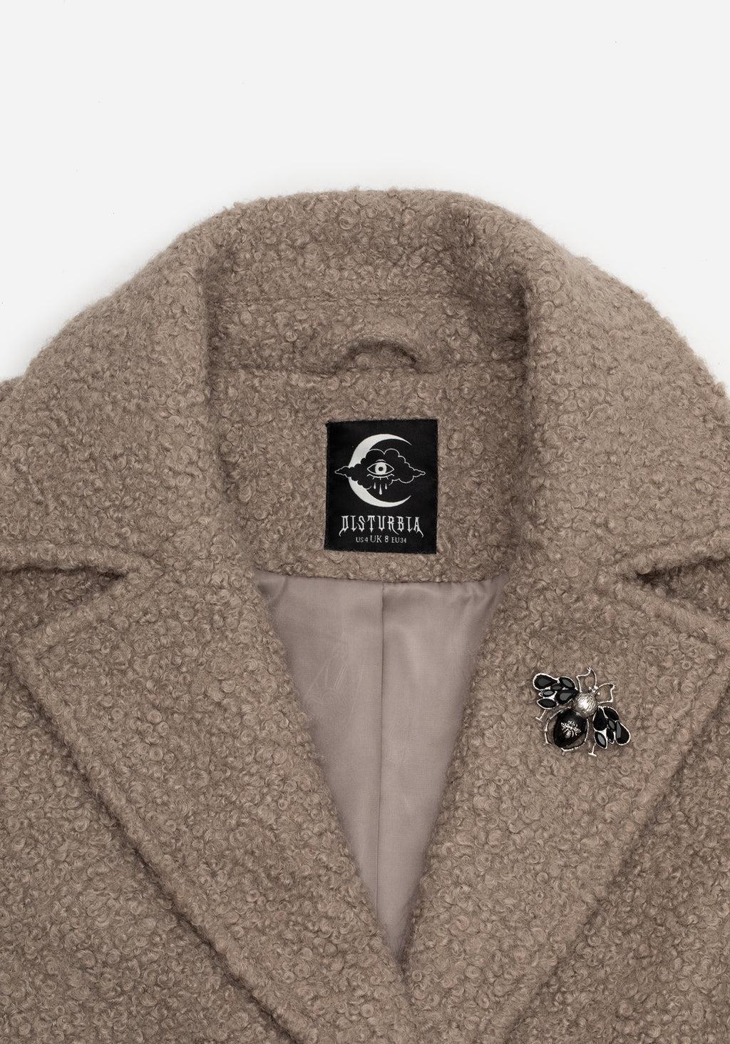 Gorgon Bouclé Longline Oversized Coat with Bee Brooch - Taupe Product Image