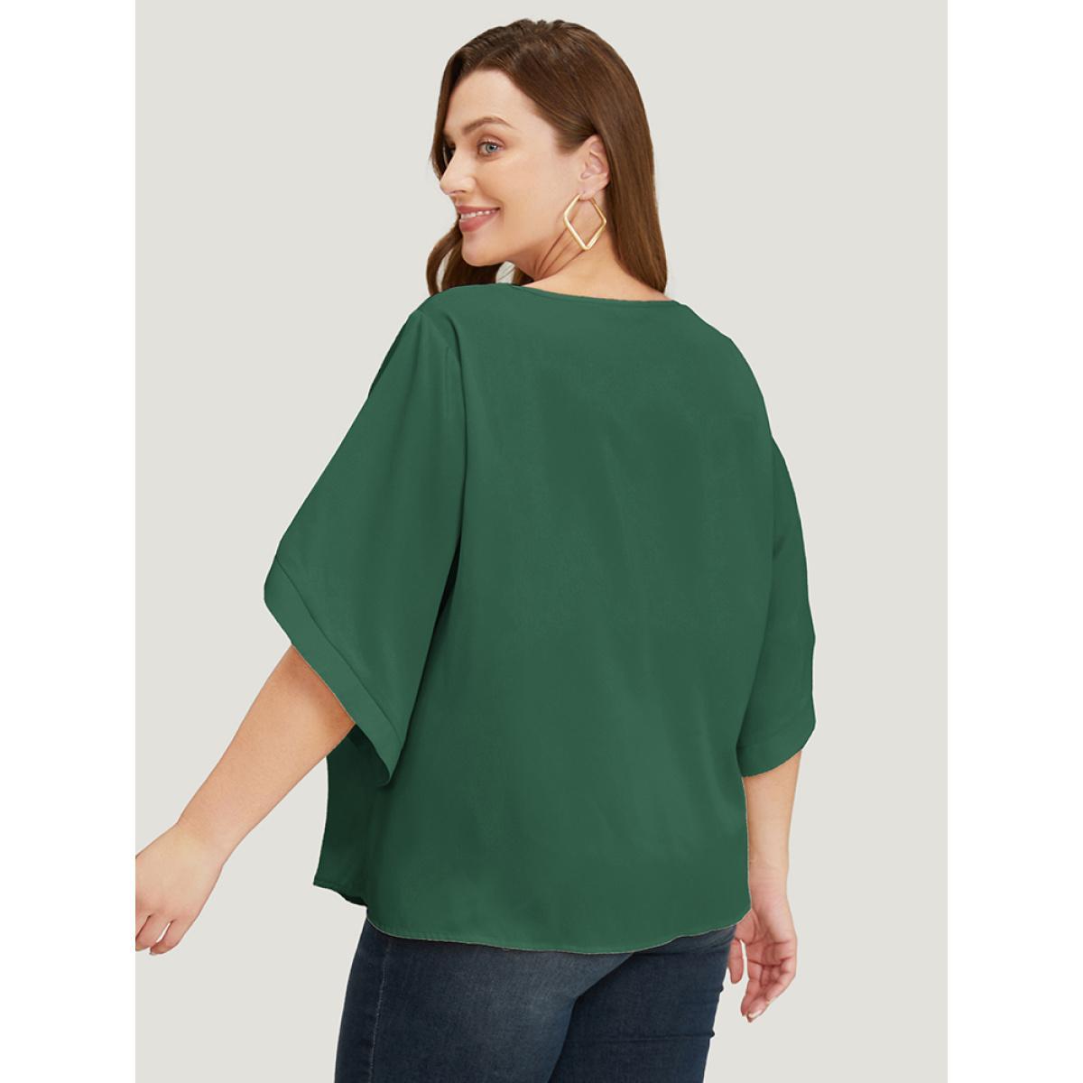 Plus Size ArmyGreen Solid Button Detail Flounce Sleeve Blouse Women Office Elbow-length sleeve Round Neck Dailywear Blouses BloomChic 28/5X Product Image