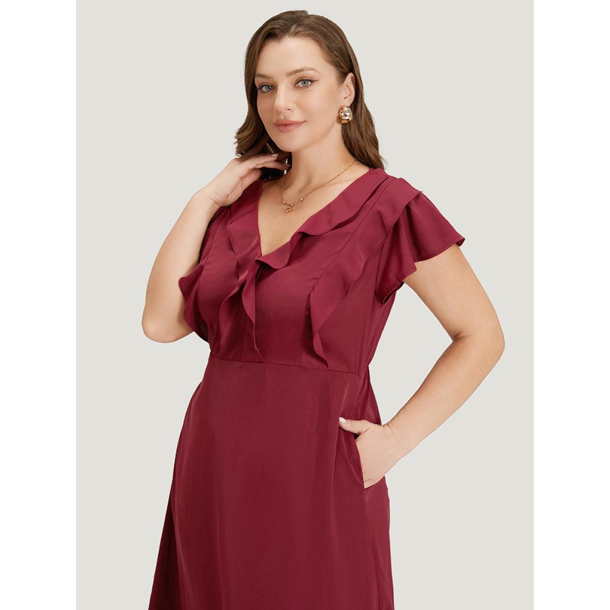 Plus Size Plain Ruffle Trim Pocket Cap Sleeve Midi Dress Scarlet Women Office Plain V-neck Sleeveless Curvy Midi Dress BloomChic 30/6X Product Image