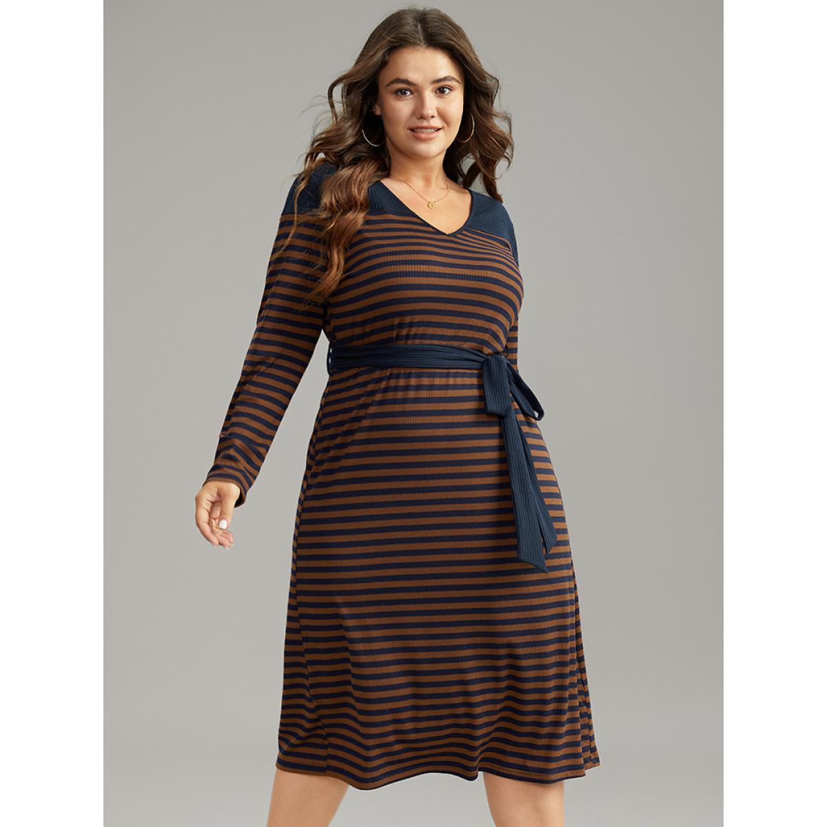 Plus Size Rib Knit Belted Patchwork Contrast Dress DarkBrown Women Casual Belted V-neck Long Sleeve Curvy Midi Dress BloomChic 30/6X Product Image